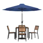 image of Flash Furniture XU-DG-810060364-UB19BNV-GG 35" Square Patio Dining Table Set with 4 Stacking Faux Teak Chairs, Navy Umbrella, and Umbrella Base