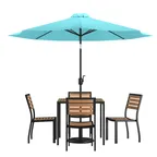 image of Flash Furniture XU-DG-810060364-UB19BTL-GG 35" Square Patio Dining Table Set, 29"H, Teal Umbrella, 4 Stacking Faux Teak Chairs