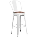 image of Flash Furniture CH-31320-30GB-WH-WD-GG White Commercial Outdoor Bar Stool, 500 lb Capacity, Galvanized Steel Frame, Wood Seat