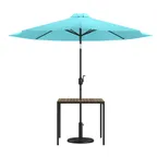image of Flash Furniture XU-DG-UH8100-UB19BTL-GG Patio Table Set, 35" Teak Top, Steel Frame, Teal Umbrella, 30" H