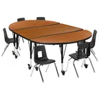 image of Flash Furniture XU-GRP-12CH-A3048CON-48-OAK-T-P-CAS-GG Emmy Activity Table & Chair Set, Oval Laminate Top, 76"W x 47.5"D, Adjustable Height, 6 Stack Chairs, Nickel Chrome Finish