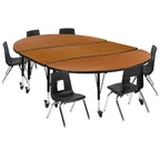 image of Flash Furniture XU-GRP-12CH-A3060CON-60-OAK-T-P-CAS-GG Emmy Activity Table & Chair Set, Oval 86x60, Adjustable Height, 6 Stack Chairs, Oak/Black