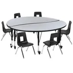 image of Flash Furniture XU-GRP-12CH-A60-HCIRC-GY-T-P-CAS-GG Table +6 Chairs,60" Dia x 17-25" H, Gray/Black Lock Casters