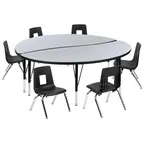 image of Flash Furniture XU-GRP-12CH-A60-HCIRC-GY-T-P-GG Emmy Activity Table & Chair Set, Round 60" Table, 6 Stack Chairs, Adjustable Height