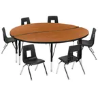 image of Flash Furniture XU-GRP-12CH-A60-HCIRC-OAK-T-P-GG 60" R Table 16-1/4"-25-1/4" Oak/Blk Nickel, 6 Chairs 12" Seat