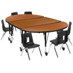 image of Flash Furniture XU-GRP-14CH-A3048CON-48-OAK-T-P-CAS-GG Emmy Activity Table & Chair Set, Oval Laminate Top, 76"W x 47.5"D, Adjustable Height, 6 Stack Chairs, Nickel Chrome Finish