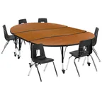 image of Flash Furniture XU-GRP-14CH-A3060CON-60-OAK-T-P-CAS-GG Emmy Activity Table & Chair Set, Oval Laminate Top, 86x60, 6 Stack Chairs, Adjustable Height