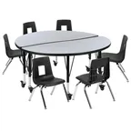 image of Flash Furniture XU-GRP-14CH-A48-HCIRC-GY-T-P-CAS-GG 48" Table 17-25" Adj, 6 Chairs 14" Seat, Chrome Gray/Black