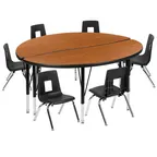 image of Flash Furniture XU-GRP-14CH-A48-HCIRC-OAK-T-P-GG Set, 48" Table, 6 Chairs 14" Seat, Chrome Finish, Oak/Black