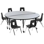 image of Flash Furniture XU-GRP-14CH-A60-HCIRC-GY-T-P-CAS-GG Emmy Activity Table & Chair Set, 60" Round Laminate Top, Adjustable Height, 6 Stack Chairs, Gray/Black