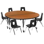 image of Flash Furniture XU-GRP-14CH-A60-HCIRC-OAK-T-P-CAS-GG 60" Table Adj Height, 6 Oak/Black Chairs, Chrome, Casters