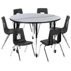 image of Flash Furniture XU-GRP-16CH-A48-HCIRC-GY-T-A-CAS-GG Emmy Activity Table & Chair Set, Round 48" Table, 6 Stack Chairs, Adjustable Height