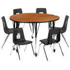 image of Flash Furniture XU-GRP-16CH-A48-HCIRC-OAK-T-A-CAS-GG Table Set, 48", 17-25" Height, 6 Chairs, Chrome Finish, Oak/Black