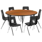 image of Flash Furniture XU-GRP-16CH-A60-HCIRC-OAK-T-A-GG Emmy Activity Table & Chair Set, 60" Round, Adjustable Height, 6 Chairs, Oak/Black