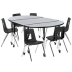 image of Flash Furniture XU-GRP-18CH-A3048CON-48-GY-T-A-CAS-GG Emmy Activity Table & Chair Set, Oval Laminate Top, 76"W x 47.5"D, 6 Stack Chairs, Gray/Black