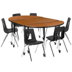 image of Flash Furniture XU-GRP-18CH-A3048CON-48-OAK-T-A-CAS-GG Emmy Activity Table & Chair Set, Oval Laminate Top, 76"W x 47.5"D, Adjustable Height, 6 Stack Chairs