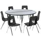 image of Flash Furniture XU-GRP-18CH-A60-HCIRC-GY-T-A-GG Table with 6 Stack Chairs, 60" Dia., Nickel Chrome, Gray/Black