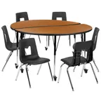 image of Flash Furniture XU-GRP-18CH-A60-HCIRC-OAK-T-A-CAS-GG Set, 60" Round, Adjustable, Oak/Blk, 6 Chairs, Nickel