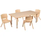 image of Flash Furniture YU-YCX-0013-2-RECT-TBL-NAT-R-GG Preschool Activity Table Set, 48x24, Adjustable Height 14.5-23.75, Natural, 4 Stacking Chairs