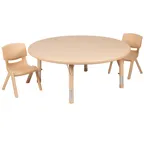 image of Flash Furniture YU-YCX-0053-2-ROUND-TBL-NAT-R-GG Preschool Activity Table Set, 45" Round, Adjustable Height, 220 lb, Natural, 2 Stacking Chairs