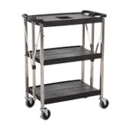 image of CAC China BTCF-30S Utility Cart, 30x16-1/2x36in, 3‑Tier 350 lb, Black 18/8 Stainless, 4 Casters w/ Brakes, Set
