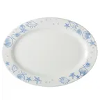 image of CAC China ATC-81 Seashell Platter, 18"L x 12-1/2"W x 1-3/4"H, Porcelain, Blue Rim White Dishwasher Safe