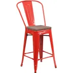 image of Flash Furniture CH-31320-24GB-RED-WD-GG Red Counter Height Bar Stool, 500 lb. Weight Capacity, Metal Back, Wood Seat