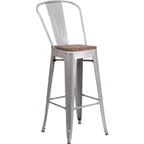 image of Flash Furniture CH-31320-30GB-SIL-WD-GG Silver Stacking Bar Stool, 500 lb. Weight Capacity, Metal Back, Wood Seat