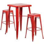 image of Flash Furniture CH-31330B-2-30SQ-RED-GG 27x27 Square Table & 2 Bar Stool Set, 40H Red Powder Coat Finish