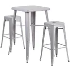 image of Flash Furniture CH-31330B-2-30SQ-SIL-GG 27x27 40H Square Table & 2 Bar Stool Set, Silver, Galvanized Steel
