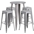image of Flash Furniture CH-51080BH-4-30SQST-SIL-GG 24" Round Table & 4 Bar Stool Set, 41"H, Silver, Powder Coat Finish