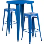 image of Flash Furniture CH-51090BH-2-30SQST-BL-GG 30" Round Table & 2 Bar Stool Set, 41"H, Blue Powder Coat Finish