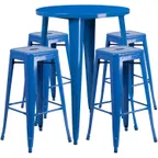 image of Flash Furniture CH-51090BH-4-30SQST-BL-GG 30" Round Table & 4 Bar Stool Set, 41"H, Blue Powder Coat Finish
