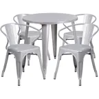 image of Flash Furniture CH-51090TH-4-18ARM-SIL-GG 30" Round Table & 4 Chairs Set, Silver, Powder Coat Finish