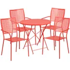 image of Flash Furniture CO-30RDF-02CHR4-RED-GG 30" Round Patio Table Set with 4 Stacking Arm Chairs, 28"H, Steel, Powder Coat Finish, Coral Red