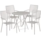 image of Flash Furniture CO-30RDF-02CHR4-SIL-GG 30in Round Patio Table Set, 28in Height, 4 Stacking Arm Chairs, Light Gray Powder Coat Finish, Steel