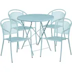 image of Flash Furniture CO-30RDF-03CHR4-SKY-GG 30in Round Patio Table Set, 28in Height, 4 Stacking Arm Chairs, Sky Blue Powder Coat Finish