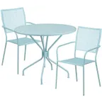 image of Flash Furniture CO-35RD-02CHR2-SKY-GG 35" Round Patio Table Set with 2 Stacking Arm Chairs, Sky Blue Powder Coat Finish, 300 lb Weight Capacity