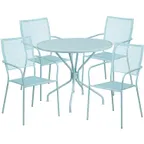 image of Flash Furniture CO-35RD-02CHR4-SKY-GG 35" Round Patio Table Set with 4 Stacking Arm Chairs, Sky Blue Powder Coat Finish, 300 lbs Weight Capacity
