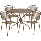 image of Flash Furniture CO-35RD-03CHR4-GD-GG 35" Round Patio Table Set with 4 Stacking Arm Chairs, Gold Finish, 300 lbs Capacity