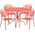 image of Flash Furniture CO-35RD-03CHR4-RED-GG 35" Round Patio Table Set with 4 Stacking Arm Chairs, Coral Finish, 300 lb Capacity