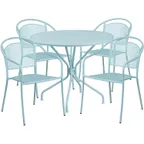 image of Flash Furniture CO-35RD-03CHR4-SKY-GG 35" Round Patio Table Set with 4 Stacking Arm Chairs, Sky Blue Powder Coat Finish, 300 lb Weight Capacity