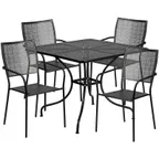 image of Flash Furniture CO-35SQ-02CHR4-BK-GG 35" Square Patio Table Set with 4 Stacking Chairs, Black Powder Coat Finish, Steel