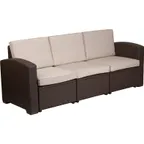 image of Flash Furniture DAD-SF1-3-GG Outdoor Sofa, 78.5"W, Curved Arms, Faux Rattan, Beige Cushions, Resin Frame