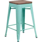 image of Flash Furniture ET-BT3503-24-MINT-WD-GG 500 lb Counter Height Backless Stacking Bar Stool, Mint Green, Wood Seat, Galvanized Steel Frame