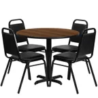 image of Flash Furniture HDBF1004-GG 36" Round Table & 4 Banquet Chairs Set, 500 lb, Walnut Finish, Black Powder Coat