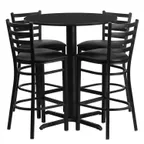 image of Flash Furniture HDBF1021-GG 30" Round Table & 4 Bar Stool Set, Black Laminate, Metal Ladder Back, Vinyl Upholstered