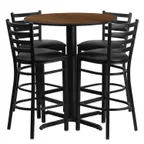 image of Flash Furniture HDBF1024-GG 30" Round Table & 4 Bar Stool Set, Walnut Finish, Black Vinyl