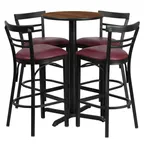 image of Flash Furniture HDBF1040-GG 24" Round Table & 4 Bar Stool Set, Walnut Finish, Black X-Base, Burgundy Vinyl