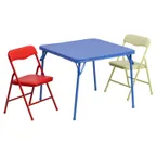 image of Flash Furniture JB-10-CARD-GG Kids 24" Square Blue Folding Table Set with 2 Red & Yellow Chairs, 70 lb Capacity